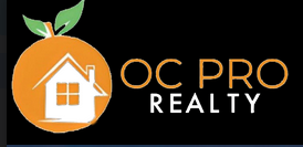 Logo for OC Pro Realty with an image of a orange fruit with a house in it and the words OC Pro Realty to the right of the orange.